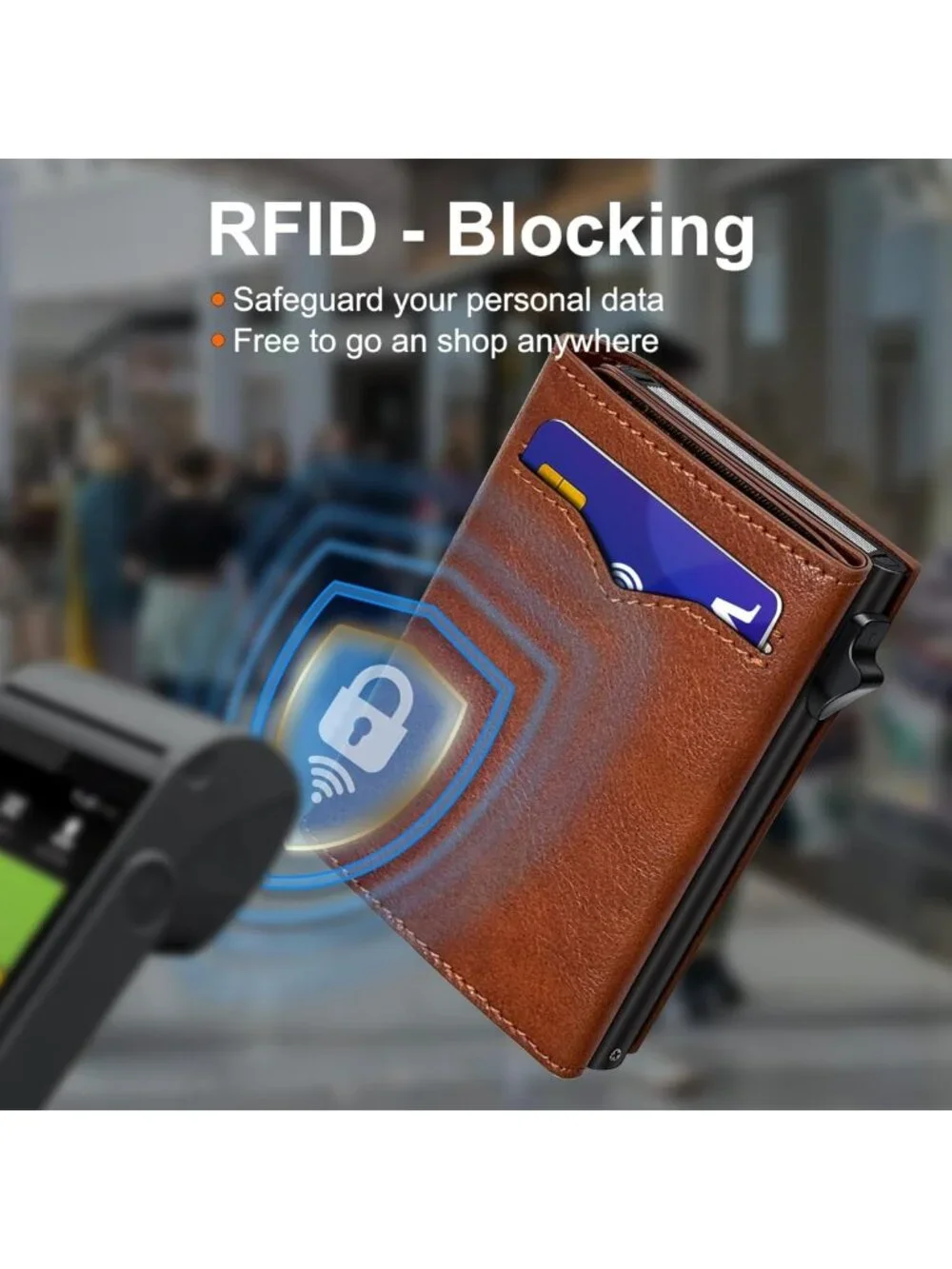Slim RFID Blocking Wallet for Men, Cash Pocket, 2 ID Windows, Pop-Up Card Holder